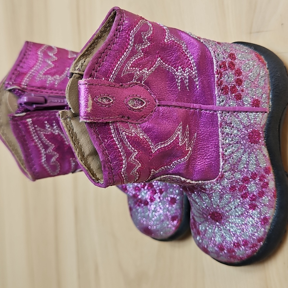 Roper Pink Sparkle Floral Zipper Infant Cowboy Boots W Rubber Soles Sz. 3 - Picture 3 of 9